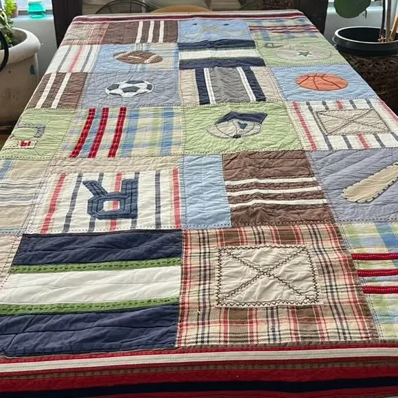 Pottery Barn Kids Twin Quilted Sports Patchwork Bedspread 69