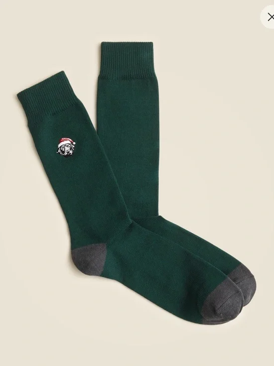J. Crew Forest Green Crew Socks with Gray Heel & Toe Santa dog lab