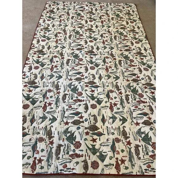 Handmade Coastal Nautical Quilt 66x106” Multipurpose Cover Sea Life Fish Seahors