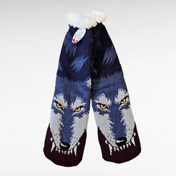 Wolf Sherpa Lined Slipper Socks Non Skid One Size Mens