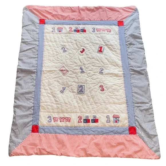 Marks & Spencer Baby Quilt Gingham Patchwork Embroidered Numbers Blue Red 46x38