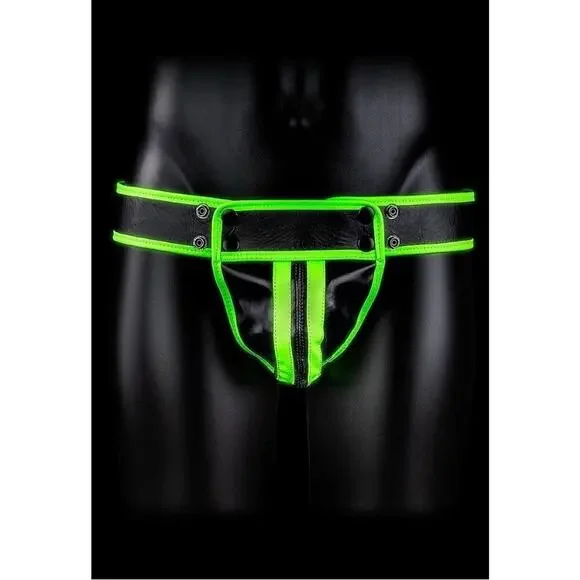 🦋B2G1🦋OUCH! Glow in the Dark NEON GREEN Bonded Leather Striped JOCK STRAP | L/XL