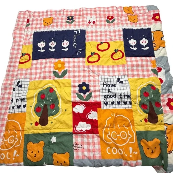 Kawaii Patchwork Quilt Pink Gingham Bear Bunny Floral Nursery Blanket 44x40