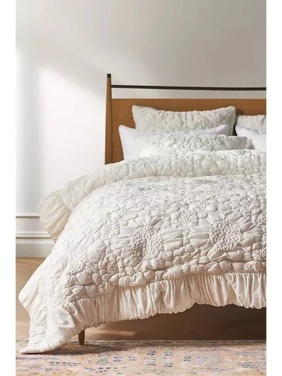 Anthropologie Dahlia Cotton Jersey Floral Quilt King White Boho Chic Cottagecore
