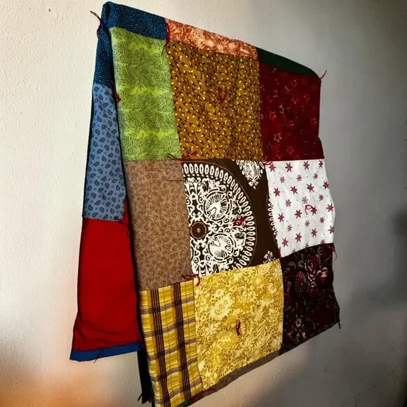 Vintage Handmade Hand-Tied Patchwork Quilt Twin 78x62 Scrappy Red Blue Cotton