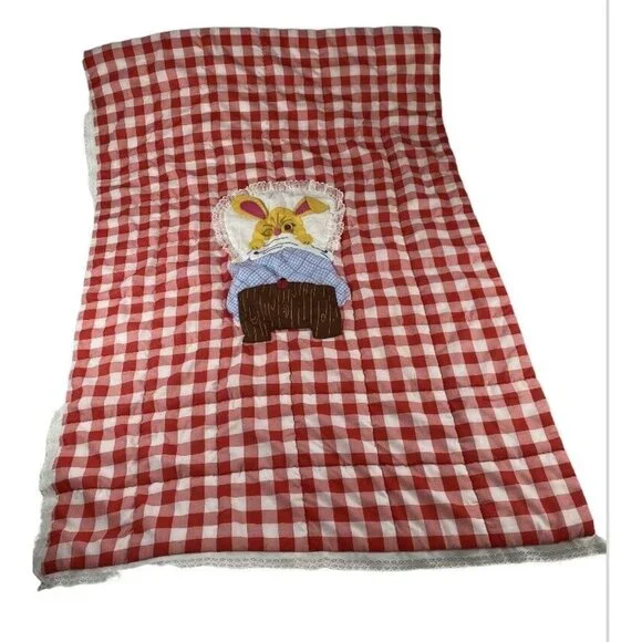 VTG‎ 70s 80s Handmade Red Gingham Quilt 53x39 Bunny Appliqué Cottagecore Easter