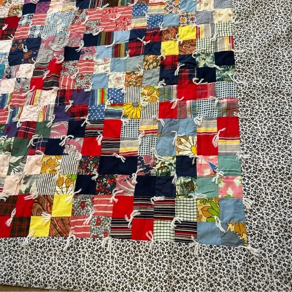 Vintage Handmade “Postage Stamp” Patchwork Quilt Multicolor Bedcover#0215265