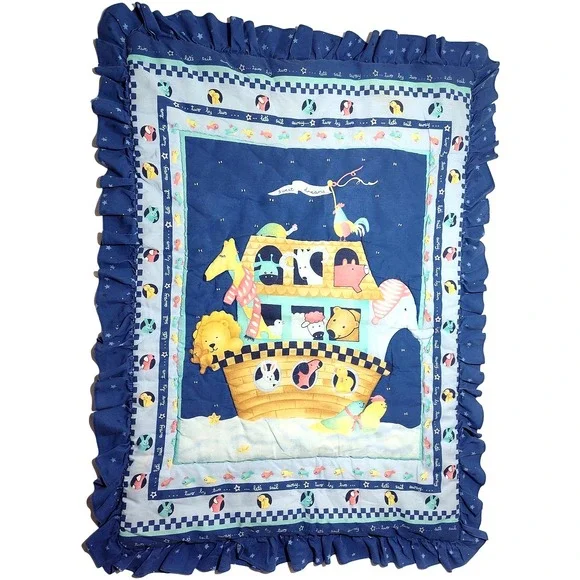 Vtg Noah's Ark‎ Two By 2 Baby Crib Quilt Blanket Bedtime Originals Blue Animals