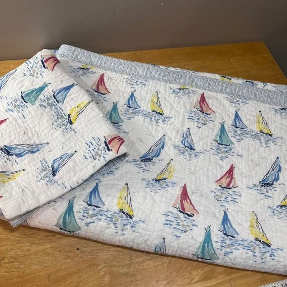 Laura Ashley Nautical Sailboat Twin Quilt & Sham Set Blue White Stripe Preppy