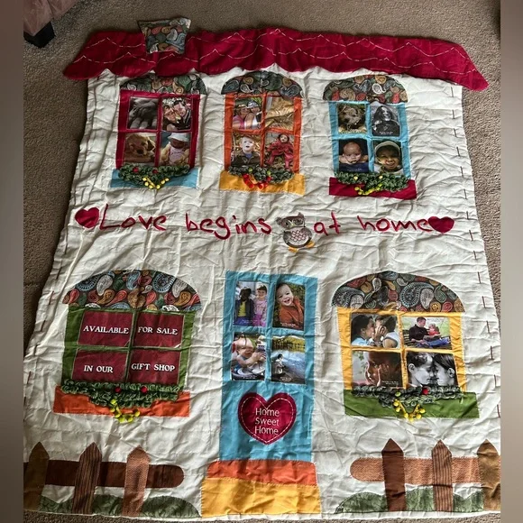 NWT Home Sweet Home Patchwork Photo Quilt - Cream, Red, Blue, Yellow Accents