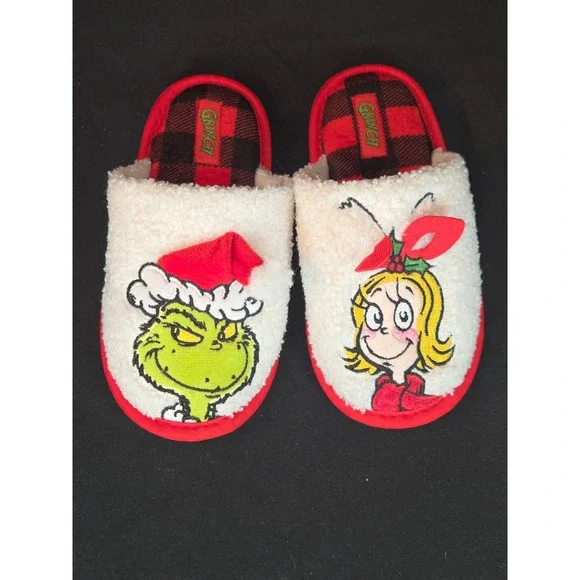 Grinch & Cindy Lou Who Holiday Slippers Cozy Plush Red‎ Plaid Kids Size 11-12
