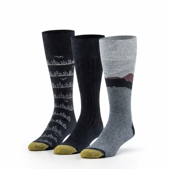 Goldtoe Edition Mens Crew Dress Socks 3 Pair Blueridge Pack Black Gray Mountain