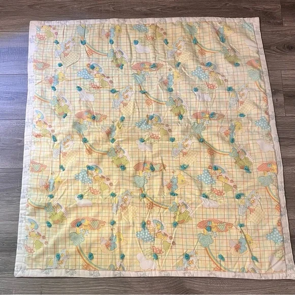 Vintage Baby Quilt Reversible Animal Grid‎ Floral Blue Yarn Tied Nursery Blanket