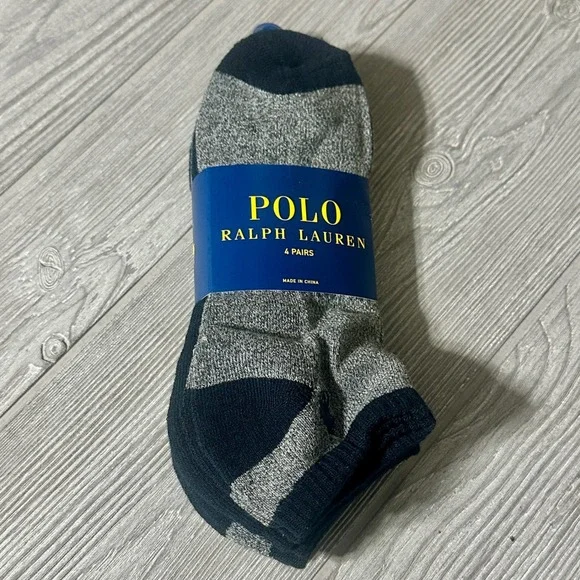 Polo Ralph‎ Lauren Mens Low Cut Socks 4 Pairs Navy Grey No Show Fits Shoe 6-12.5