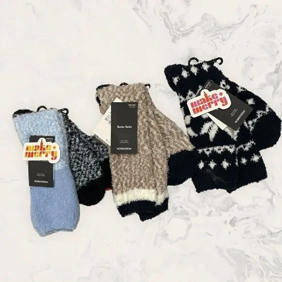 NWT Nordstrom Bundle of Three Crew Butter Socks - Size 7 1/2 - 12 1/2- Blu/ Tan