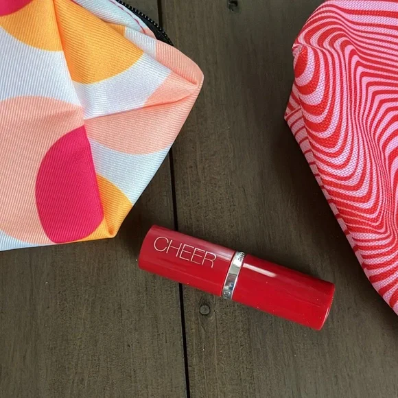 Clinique Cherry Pop Lipstick and Neon Makeup Bags