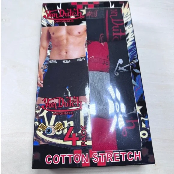 Von Dutch Originals Mens Boxer Briefs 4 Pack Cotton Stretch Black Red Grey Large