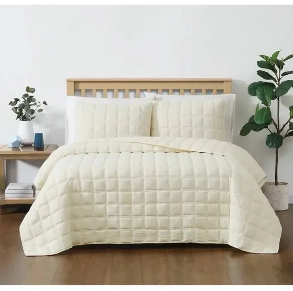 NEW! Truly Soft Cozy Gauze 3pc Quilt Set King Beige Ivory
