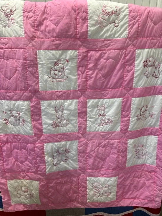Pink and White Embroidered Baby Quilt - Pink