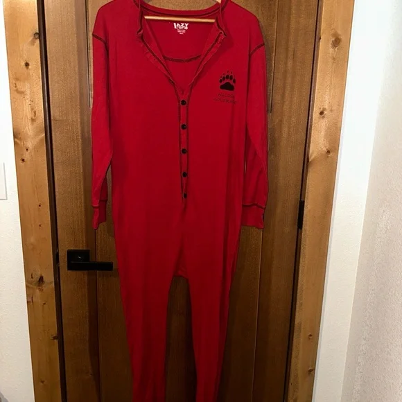Lazy One‎ Bear Bum Flapjack Pajamas XL Union Suit Romper Red Cotton Long Johns