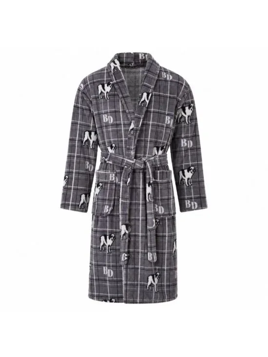 Big Dogs Plush Fleece Bath Robe Gray Plaid One Size Belted Soft Men's Robe