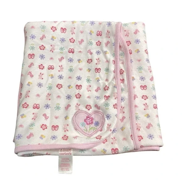HTF Rare Carters‎ Pink Baby Blanket Embroidered Heart Flower Bunny Shoes Bee