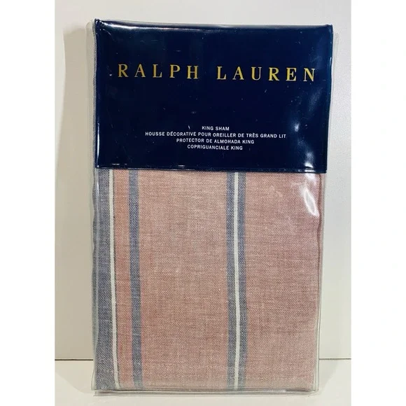 Ralph Lauren Oakview King Sham Essex Red Salmon Striped Cotton Linen Portugal