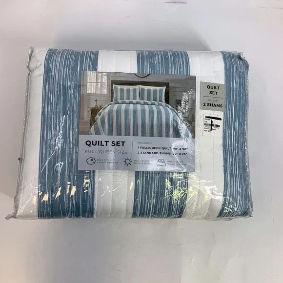 Truly Soft Aiden Full Queen Size Quilt Set Blue Stripe‎ 2 Standard Shams Bedding