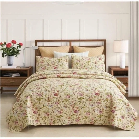 Floral Quilt Set Queen Size, Reversible Cotton Quilt Bedding Set
