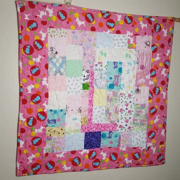 Pink White Quilted Poodle Dogs Baby Girls Blanket Security Lovey 40 x 40
