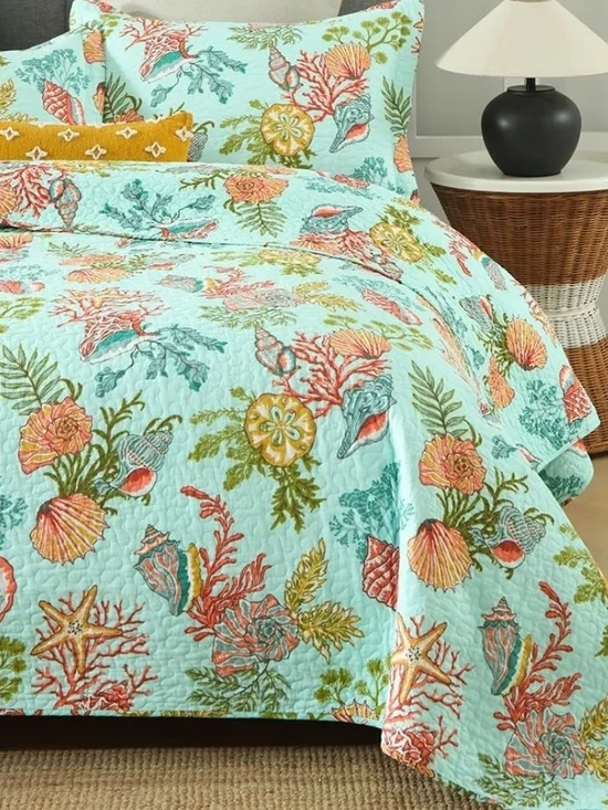 New Coastal Seashell Quilt Set in Aqua by
