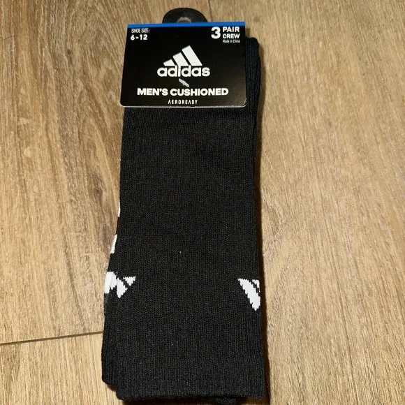 ADIDAS Mens Socks Crew Aeroready Drying 3 Pair Shoe Size‎ 6-12 Black