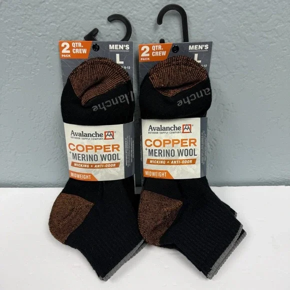 Avalanche Merino Wool Copper Men's‎ Quarter Crew Socks L 6-12 Lot of 4 Pairs