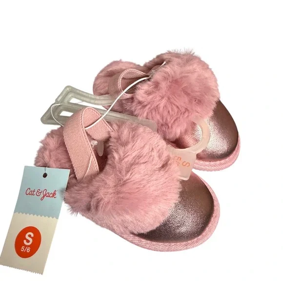 Cat & Jack Slippers Kids S 5/6 Pink Rose Gold Faux Fur Lila Metallic Shimmer New