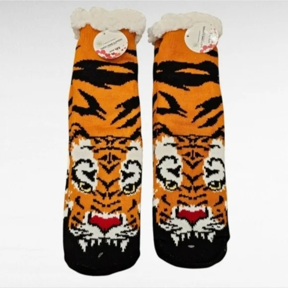 Tiger Sherpa Lined Slipper Socks Non Skid One Size
