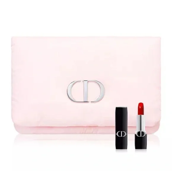 Dior Soft Pink Pouch with Bold Red Lipstick