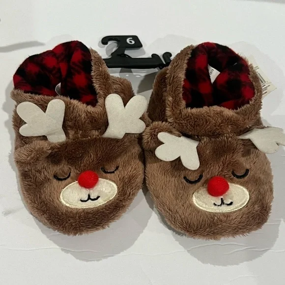 Brown Reindeer Slippers with Red Nose
