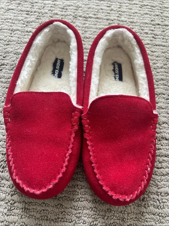Lands' End Kids Red Suede Fuzzy-Lined Moccasin Slippers