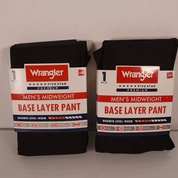 Lot of 2 Mens Wrangler Midweight Base Layer Pants Size XXL Black Warm Warmth New