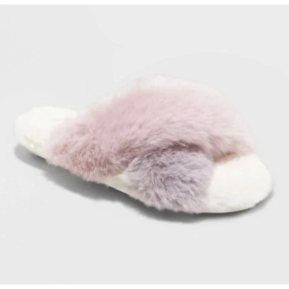 Cat & Jack Slide Slippers Girl Crossband Faux Fur Lavender Gray Size Large NWT