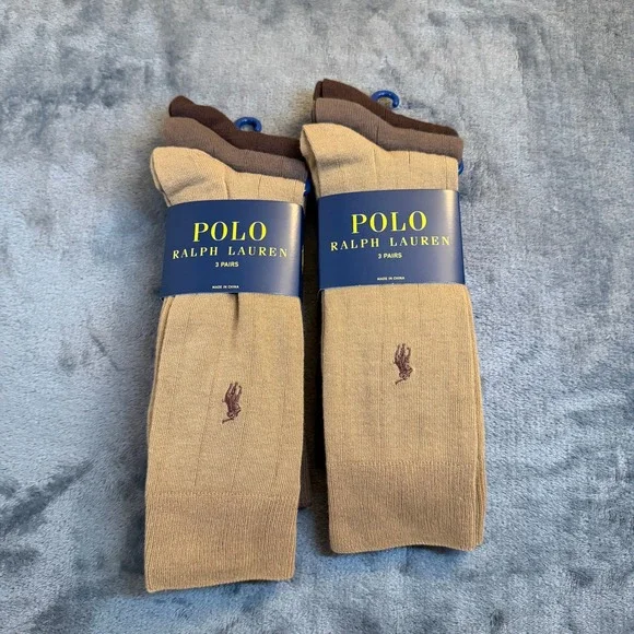 Polo‎ Ralph Lauren Socks 6 Pairs Crew Style Tan Brown Classic Logo Mens NWT