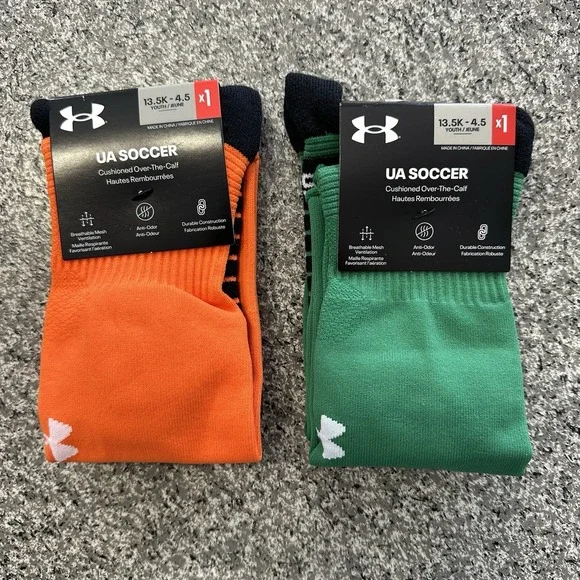 Under Armour Soccer Socks Youth L 2 Pairs Kids 13.5-4.5Y OTC Cushioned Orange