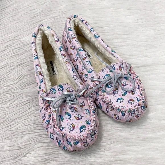 Minnetonka Girl Pink Rainbow Unicorn Moccasin Faux Fur Lined Slippers House Shoe