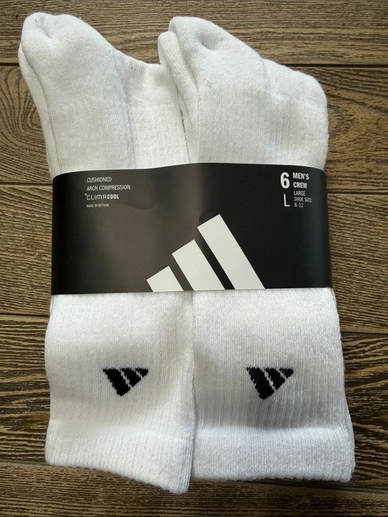 adidas White Crew Athletic Socks with Black Logo - 6 Pack Large 8-12 Climacool