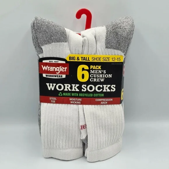 Wrangler Men's 6 Pack Cushion Crew Work Socks Big & Tall Size 12-15 White NEW