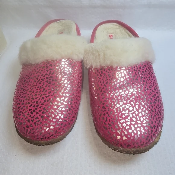 SOREL NAKISKA YOUTH SLIPPERS PINK WITH SILVER ANIMAL PRINT WHITE FUZZY SIZE 5