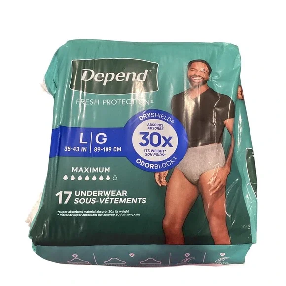 Depend Fresh Protection Men Incontinence Underwear Maximum‎ Large 17 Count Grey