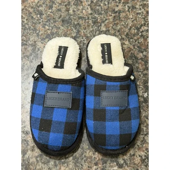 Lucky Brand Kids Blue Buffalo Plaid Faux Fur Lined Scuff Slippers Size 13-1 Y