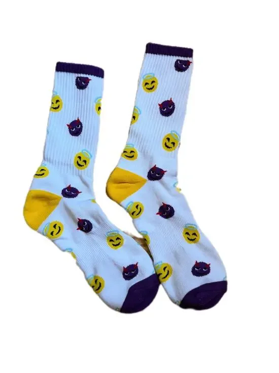 White Emoji Crew Socks with Yellow and Purple Accents devil and angel