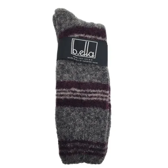 Extra Fine Merino Wool Crew Socks Mens Soft Grey Plum Stripe NWT B.ella L 10-13